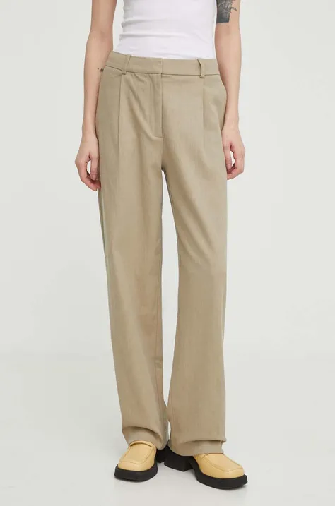 Samsoe Samsoe pantaloni din amestec de in culoarea bej, drept, high waist