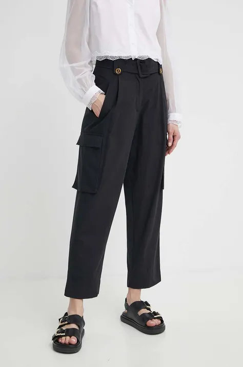 Bavlněné kalhoty Twinset černá barva, kapsáče, high waist