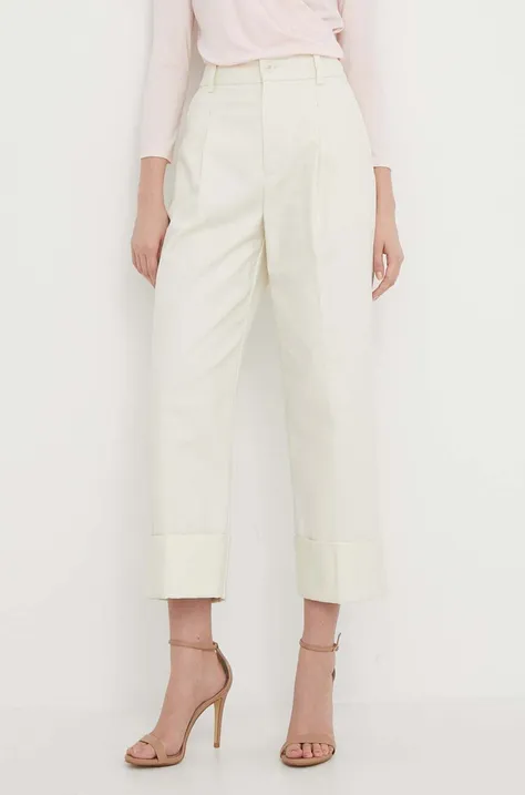 Nohavice Lauren Ralph Lauren dámske, béžová farba, rovné, vysoký pás