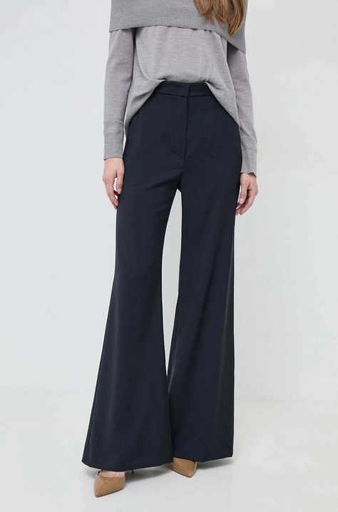 Vlněné kalhoty Weekend Max Mara tmavomodrá barva, zvony, high waist, 2415131081600