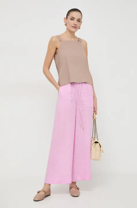 Marella spodnie lniane kolor różowy szerokie high waist