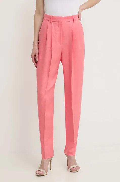 Plátěné kalhoty BOSS fialová barva, jednoduché, high waist