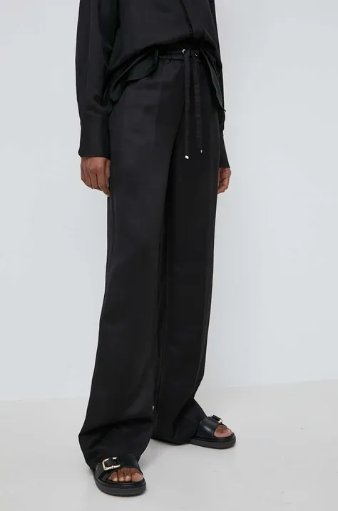 Kalhoty s příměsí lnu BOSS černá barva, high waist, 50515737