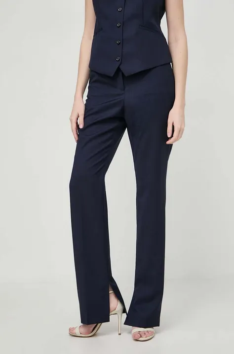 Vlněné kalhoty BOSS tmavomodrá barva, jednoduché, high waist, 50517807