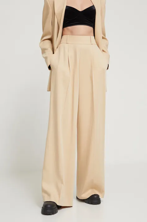 Kalhoty HUGO dámské, béžová barva, široké, high waist, 50515270