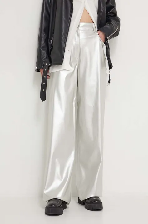 HUGO spodnie damskie kolor srebrny szerokie high waist