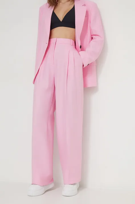 HUGO pantaloni in lino misto colore rosa