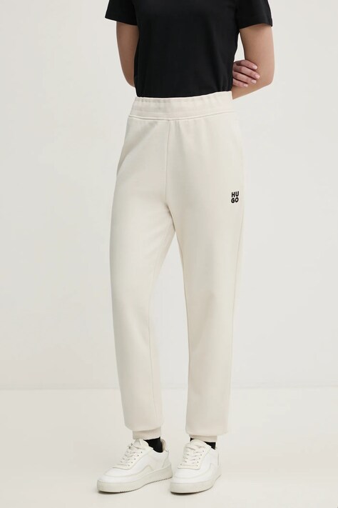 HUGO pantaloni de trening din bumbac culoarea bej, uni, 50522417