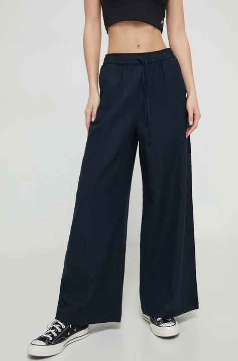 Lanene hlače Roxy Lekeitio boja: crna, ravni kroj, visoki struk