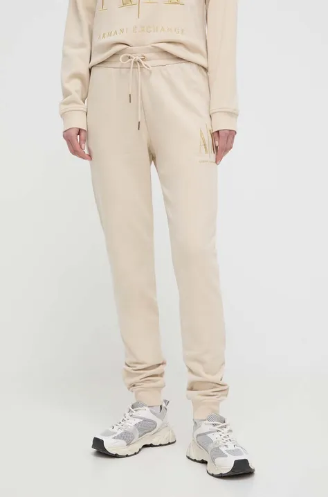 Armani Exchange spodnie dresowe bawełniane kolor beżowy gładkie