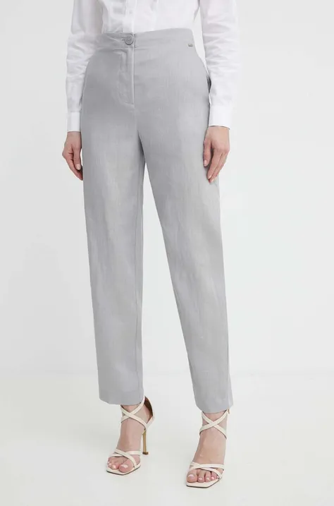Ľanové nohavice Armani Exchange šedá farba, rovné, vysoký pás, 3DYP12 YN1RZ
