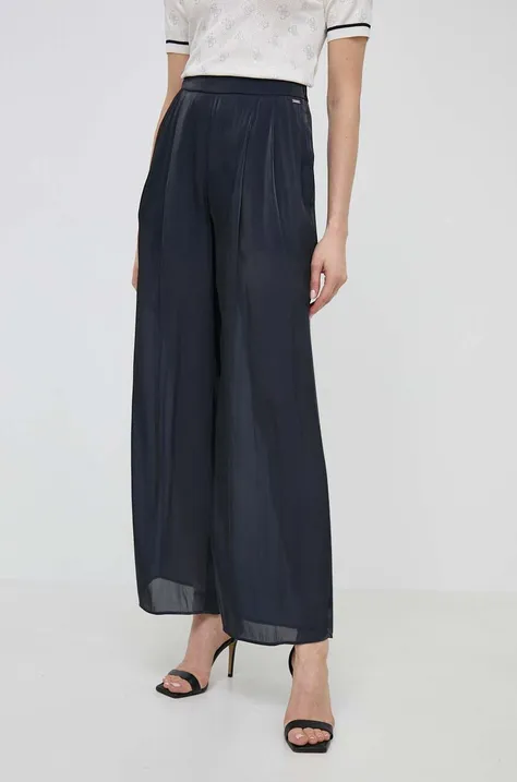 Nohavice Armani Exchange dámske, tmavomodrá farba, široké, vysoký pás, 3DYP19 YNUUZ