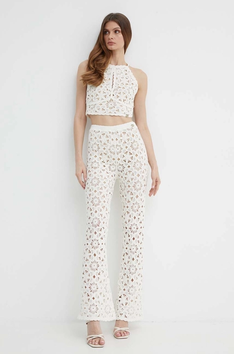 Bavlněné kalhoty Twinset béžová barva, zvony, high waist