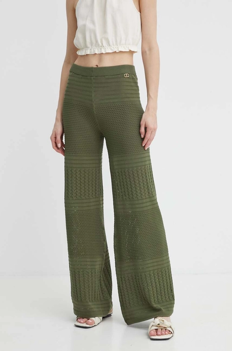 Twinset pantaloni femei, culoarea verde, lat, high waist