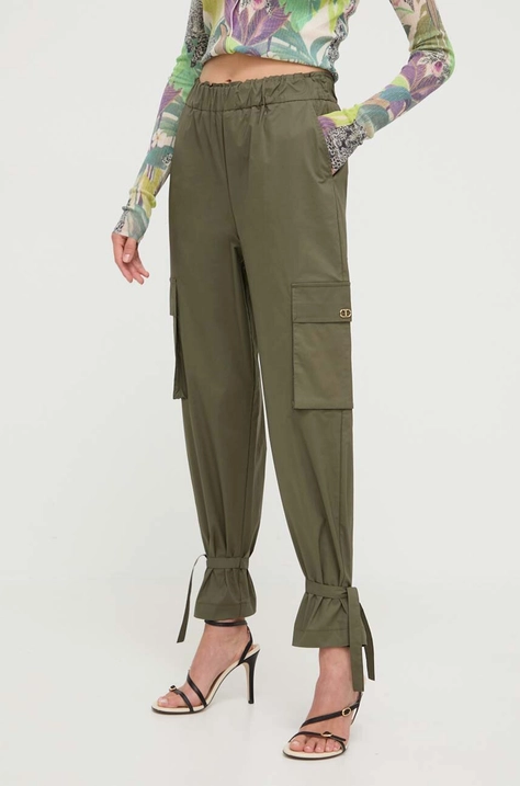 Twinset pantaloni femei, culoarea verde, drept, high waist