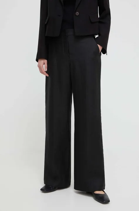Ľanové nohavice Weekend Max Mara čierna farba, široké, vysoký pás