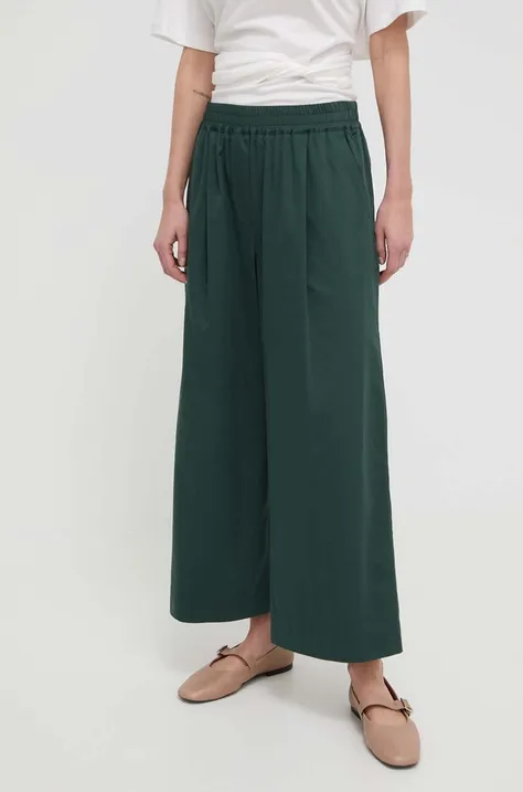 Bavlněné kalhoty Weekend Max Mara zelená barva, široké, high waist, 2415131142600