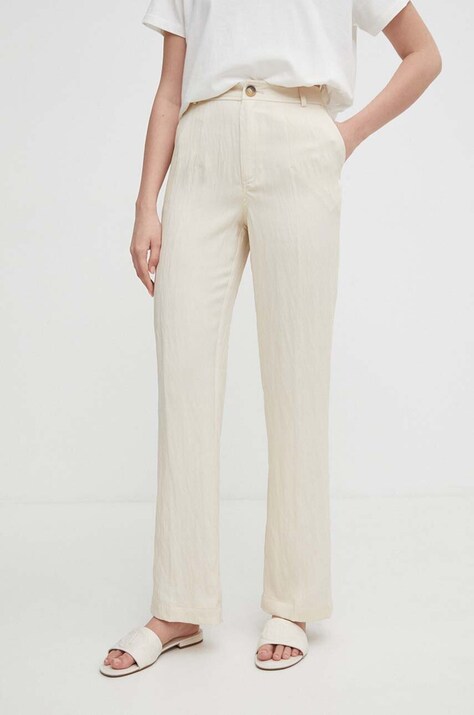 United Colors of Benetton pantaloni femei, culoarea bej, drept, high waist