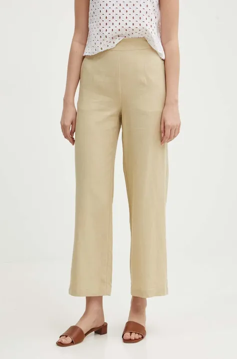 Kalhoty s příměsí lnu United Colors of Benetton béžová barva, high waist