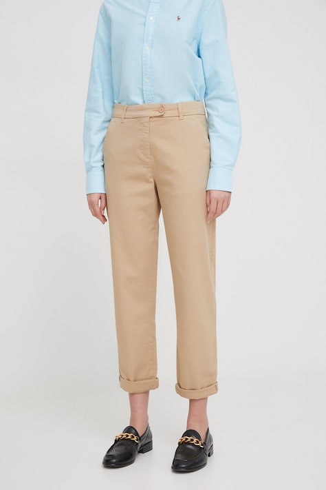 United Colors of Benetton pantaloni femei, culoarea bej, drept, high waist