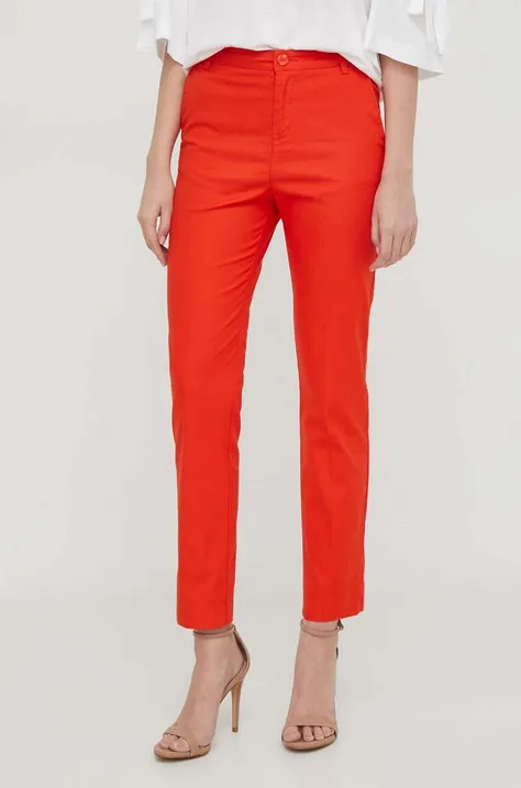 Nohavice United Colors of Benetton dámske, oranžová farba, priliehavé, vysoký pás
