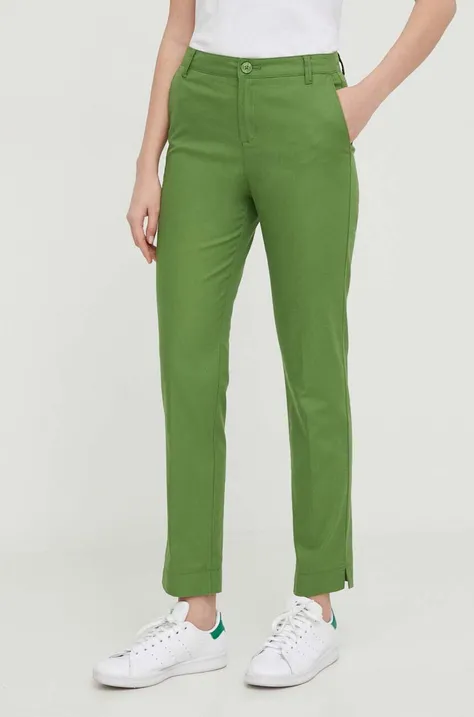 Nohavice United Colors of Benetton dámske, zelená farba, priliehavé, vysoký pás