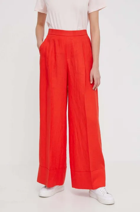 United Colors of Benetton spodnie lniane kolor czerwony szerokie high waist