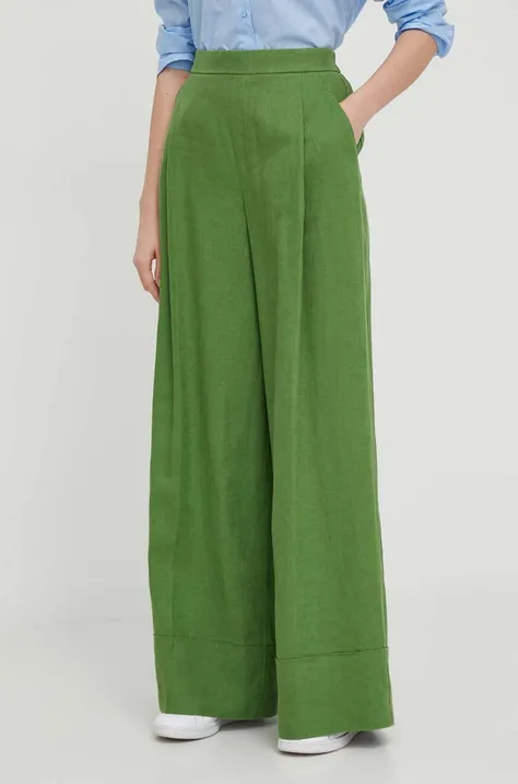 Ľanové nohavice United Colors of Benetton zelená farba, široké, vysoký pás