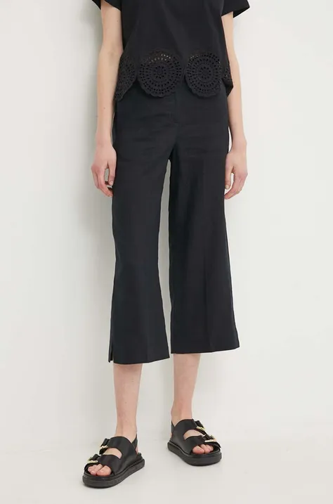 Ľanové nohavice United Colors of Benetton čierna farba, rovné, vysoký pás