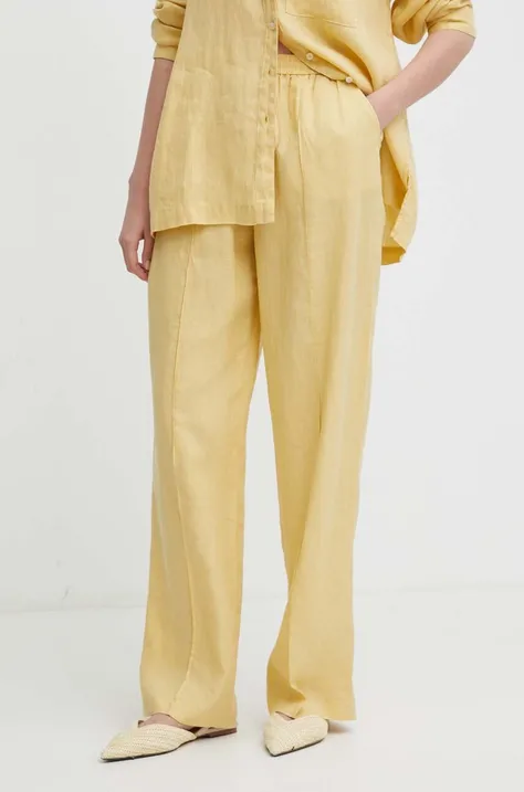 Ľanové nohavice United Colors of Benetton žltá farba, rovné, vysoký pás
