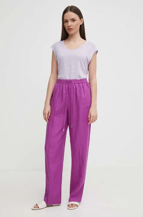 Plátěné kalhoty United Colors of Benetton fialová barva, jednoduché, high waist