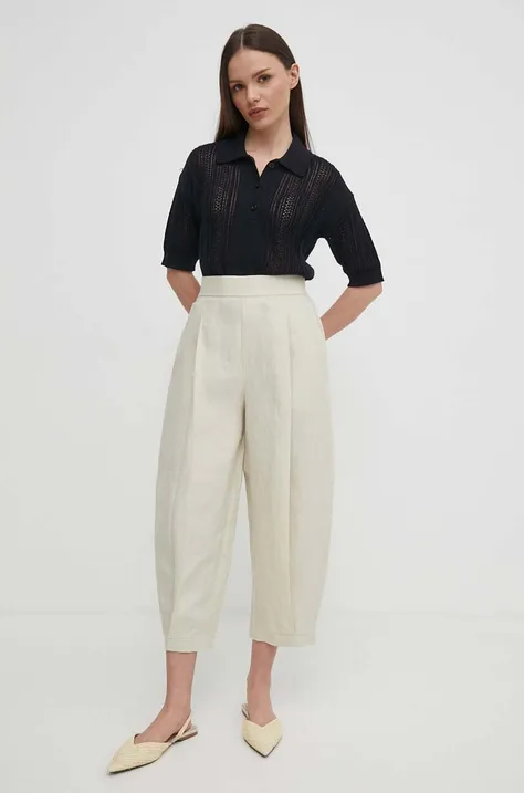 United Colors of Benetton pantaloni din in culoarea bej, lat, high waist