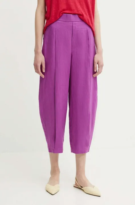 Льняные брюки United Colors of Benetton цвет фиолетовый широкие высокая посадка