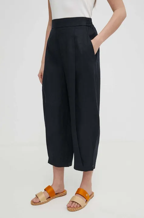 Plátěné kalhoty United Colors of Benetton černá barva, široké, high waist
