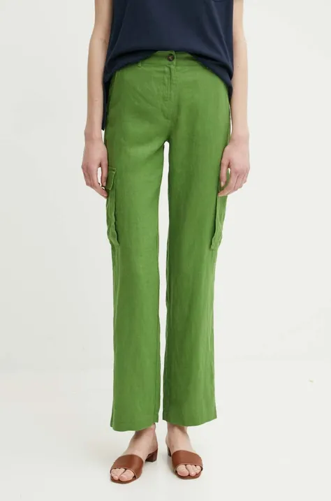 Ľanové nohavice United Colors of Benetton zelená farba, rovné, vysoký pás