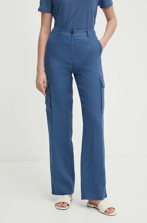 United Colors of Benetton spodnie lniane kolor niebieski proste high waist