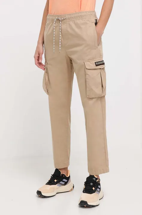 Bavlněné kalhoty Napapijri M-Faber béžová barva, jednoduché, high waist, NP0A4HOBN1E1