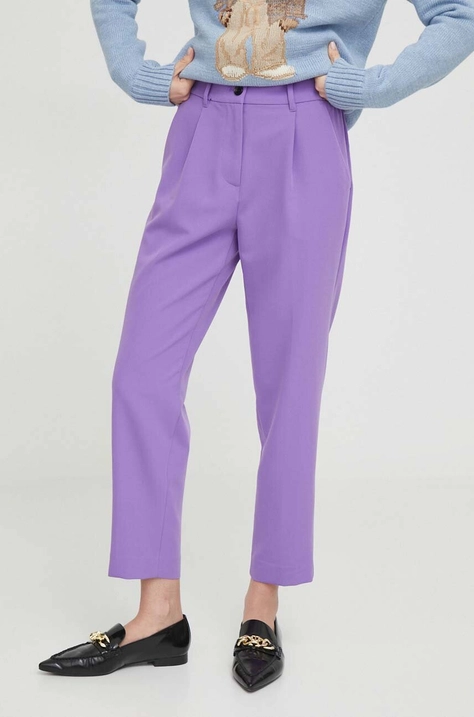 Sisley pantaloni femei, culoarea violet, drept, high waist