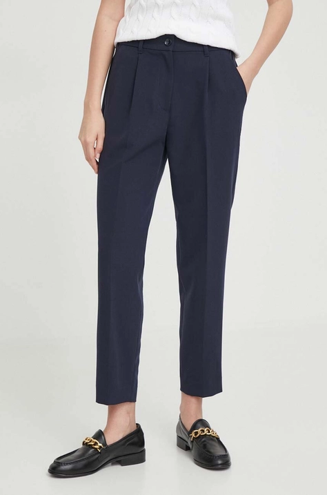 Sisley pantaloni femei, culoarea albastru marin, drept, high waist