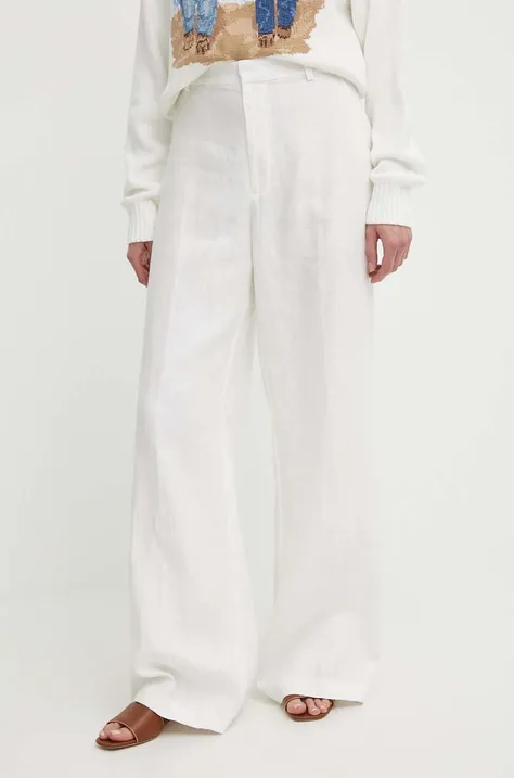 Lanene hlače Polo Ralph Lauren boja: bijela, široke, visoki struk, 211935391