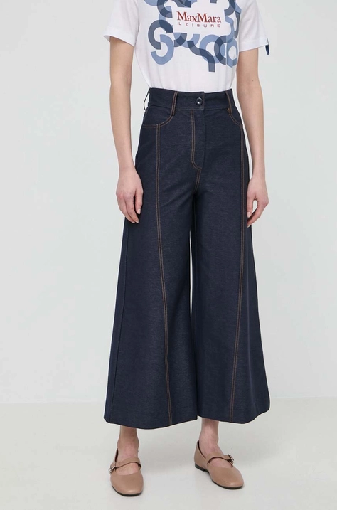 Max Mara Leisure pantaloni femei, culoarea bleumarin, lat, high waist 2416780000000