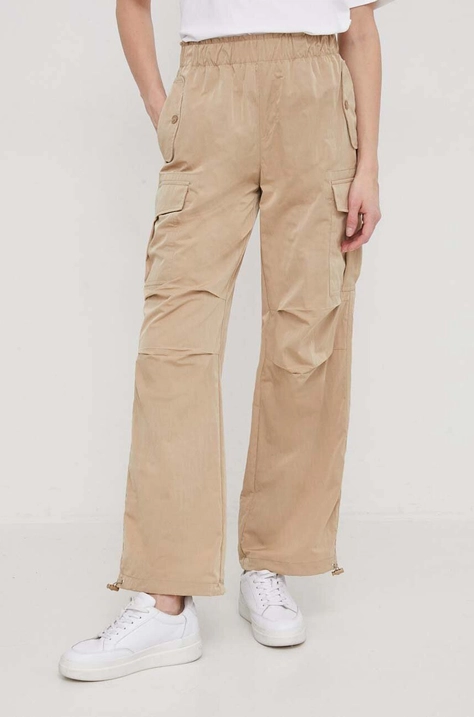 Sisley pantaloni femei, culoarea bej, drept, high waist