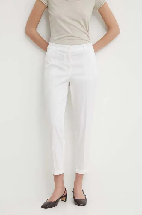 Sisley pantaloni femei, culoarea alb, fason tigareta, high waist