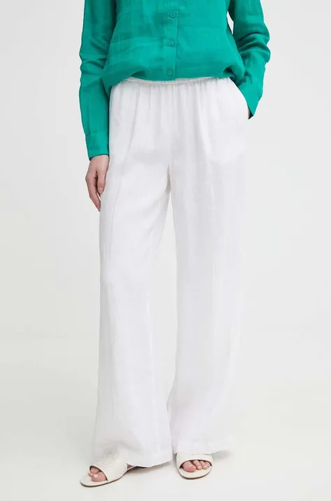 Ľanové nohavice Sisley biela farba, široké, vysoký pás