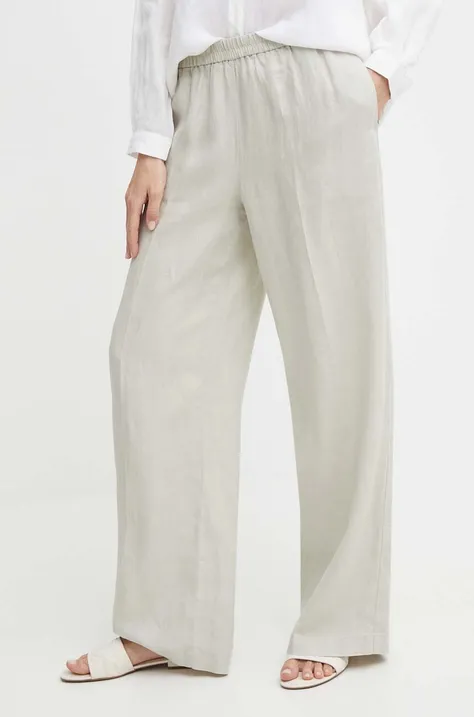 Ľanové nohavice Sisley béžová farba, široké, vysoký pás