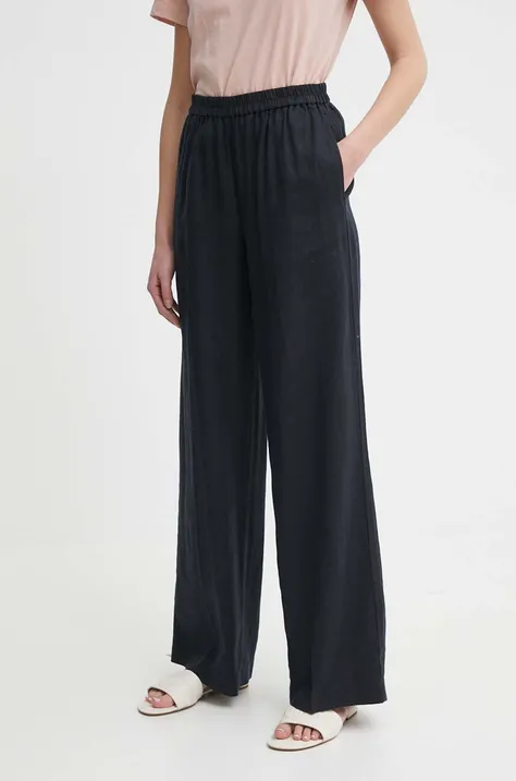 Ľanové nohavice Sisley čierna farba, široké, vysoký pás