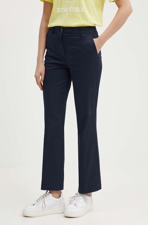 Sisley pantaloni femei, culoarea albastru marin, drept, high waist