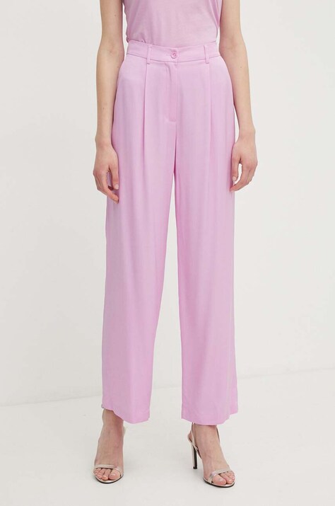 Sisley pantaloni femei, culoarea roz, drept, high waist