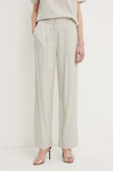 Sisley pantaloni femei, culoarea bej, drept, high waist