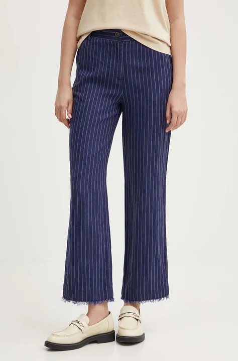 Lanene hlače Sisley boja: tamno plava, ravni kroj, visoki struk